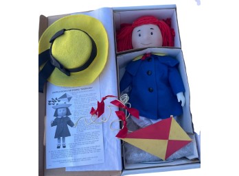 Madeline Cloth Doll With Red Yarn Hair, Blue Coat, Yellow Hat, And Accessories In Original Box