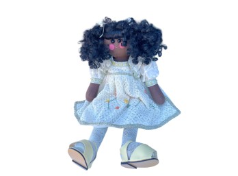 Handmade Cloth Doll with Black Curly Hair and White Crocheted Dress