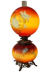 Antique Electrified Kerosene Lamp With Hand-Painted Floral Glass Shades