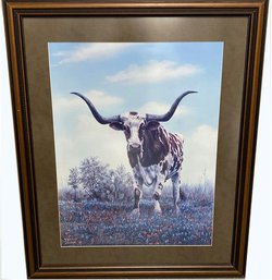 (1992) Longhorn Bull Print Artwork, Signed By Wanda Johnson - (29.5x35.5)