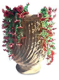 Stone-Like Fluted Urn Planter With Artificial Red Flowers