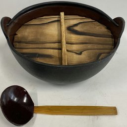 Japanese Cast Iron Sukiyaki Shabu Hot Pot With Wooden Lid And Ladle