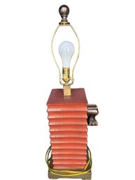 Stacked Rectangular Table Lamp With Brass Accents And Finial