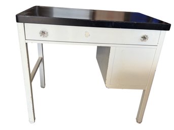 White Metal Desk With Black Top And Single Drawer