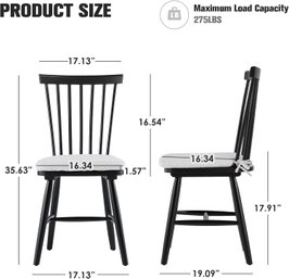 (NEW) Windsor Dining Chairs Set Of 2, Kitchen Chairs With Spindle Back, Black (WHITE CUSHIONS NOT INCLUDED)