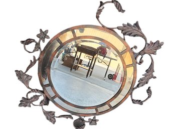 Round Wall Mirror With Decorative Metal Frame And Leaf Motif