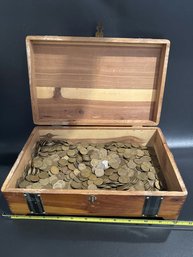 Wooden Coin Box With Lock And Lots Of Coins, 12'