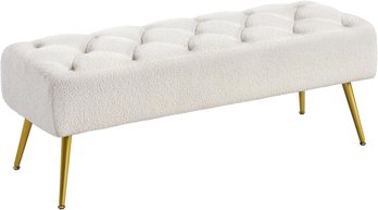 (NEW)Modern Ottoman Bench Boucle Bench Upholstered Footrest For Living Room With Gold Metal Legs