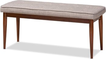 (NEW)Mid-Century Modern Light Grey Fabric Upholstered Medium Oak Finished Wood Dining Bench