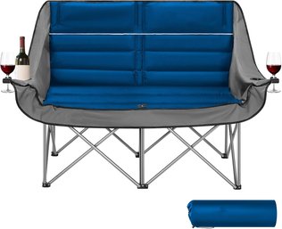(NEW)Double Camping Chair, Fully Padded Folding Loveseat, Oversized Duo Chair, Blue & Grey