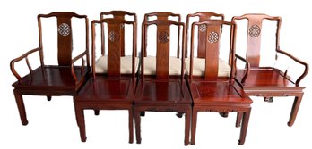Eight Hong Kong-Made Carved Wood Dining Chairs With Custom Cushions – Rosewood