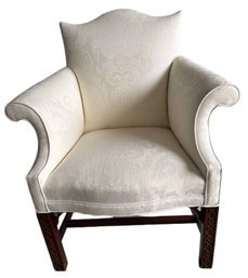 Upholstered Armchair With Ornate Wooden Legs And Ivory Patterned Fabric