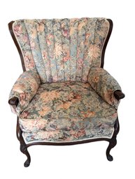 Floral Upholstered Wingback Armchair With Carved Wood Frame