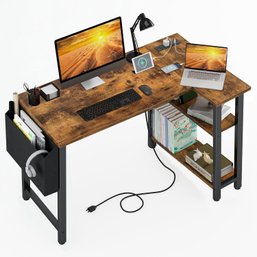 (NEW)Small L Shaped Desk With Power Outlet Shelves, 40 Inch Corner Desk , Rustic Brown