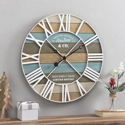 (NEW)Maritime Planks Wall Clock, 24', Multicolor & White