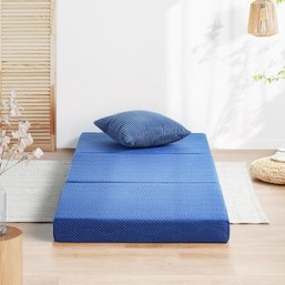 (NEW)Tri-Folding Memory Foam Mattress Topper, 4 Inch Gel Folding Mattress, Soft, Blue, Single Size