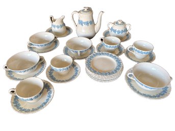 Wedgwood Embossed Queens Ware Tea Set With Blue Floral Design
