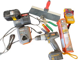 Tools Including Ridgid Drill, Charger, And Accessories