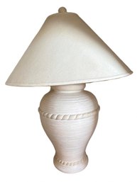 Table Lamp With Textured Ceramic Base And Tapered Fabric Shade