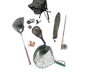 Fishing Gear Lot Including Rod, Nets, Reels, And Accessories