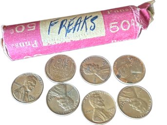 Roll Of Lincoln Wheat And Memorial Pennies With Loose Coins