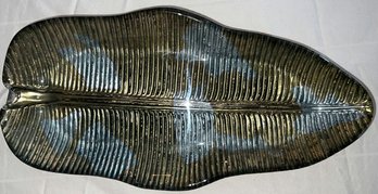 Console Banana Leaf Dish Iridescent Green-blue-gold-brown Ribbed Bowl - 13.5Lx7W