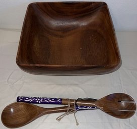 Wooden Salad Bowl, Spoon And Fork