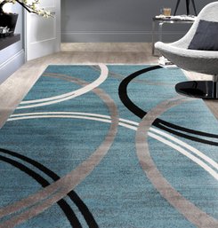 (NEW)Modern Wavy Circles Design Area Rug 5' 3' X 7' 3' Blue
