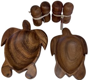 Hardwood Salt And Pepper Shakers (4) And (2) Wooden Turtle Platter