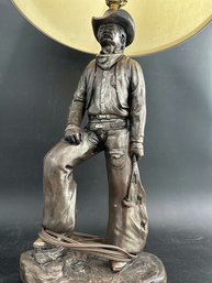 Pair Of  Cast Metal Possibly Made From Bronze Or Similar Alloy Sculptured Cowboy Lamps - STUNNING!