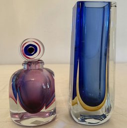 Murano Mandruzzato Blue Sommerso Glass Vase And Sommerso Perfume Bottle & Stopper