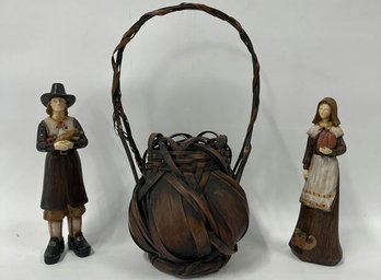 Japanese Woven Bamboo Basket, Couple Man And Women Pilgrim Figurines