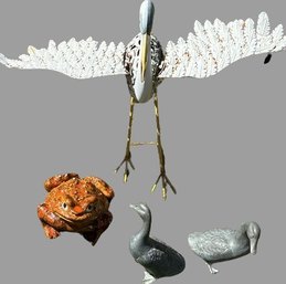 Yard Art- 2 Ducks, Red Toad, White Water Bird