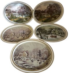 Currier & Ives Prints - Tray Plaque, 5 Scenes, Hand-Colored  (14.5x12in)