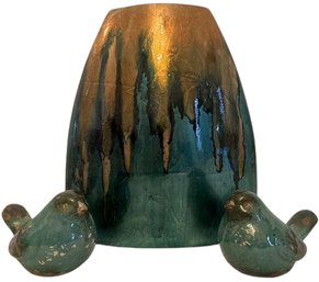 Large Teal Gold Vase And 2 Birds Figurine, Vase Is 13.5'H