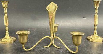 (Three) Brass Candle Candelabra (one Has Three Arms, And Two Smaller Individual Candleholders)