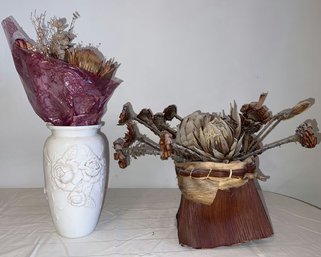 Ceramic Vase And Woven Basket Vase With Dried Flower Arrangements