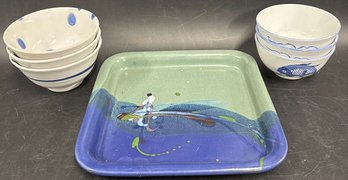 (6) Ceramic Bowl And 9' Pottery Serving Plate, Signed By Artist