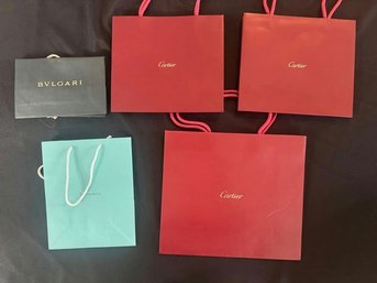 Lot Of 5 Luxury Designer Shopping Bags, Cartier, Tiffany & Co., Bvlgari