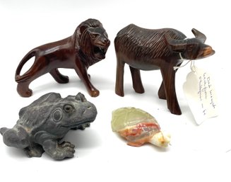 Wood Hand Carved. Philippines. Lion. Steer. Stone Frog. Stone Turtle