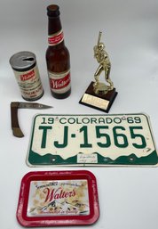 Mixed Collectibles Lot: 1969 Colorado License Plate, Walters Beer Can & Bottle, Tray, Knife, Baseball Trophy