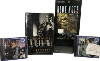 Louis Armstrong Book, Count Basie CDs, Unopened Blue Note CD
