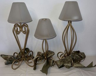 Set Of Three Gold Metal Tabletop Candlesticks