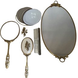 Vintage Gold Vanity Set, Comb, And Hand Mirrors