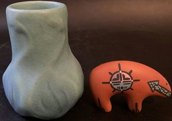Van Briggle Vase Blue Green Art Pottery And Orange Spirit Bear Figurine