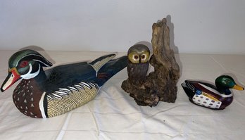Three Wood Hand-painted Bird Decoys