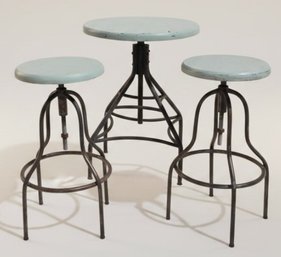 Green Round Table And Stools With Metal Bass