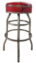 Industrial Swivel Bar Stool With Red Vinyl Upholstered Seat