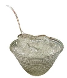 Pressed Glass Punch Bowl With Six Matching Cups And Underplate