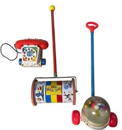 Fisher-Price Chatter Telephone Pull Toy, Model 747; Musical Push Chime Toy Model 167772; Corn Popper Push Toy